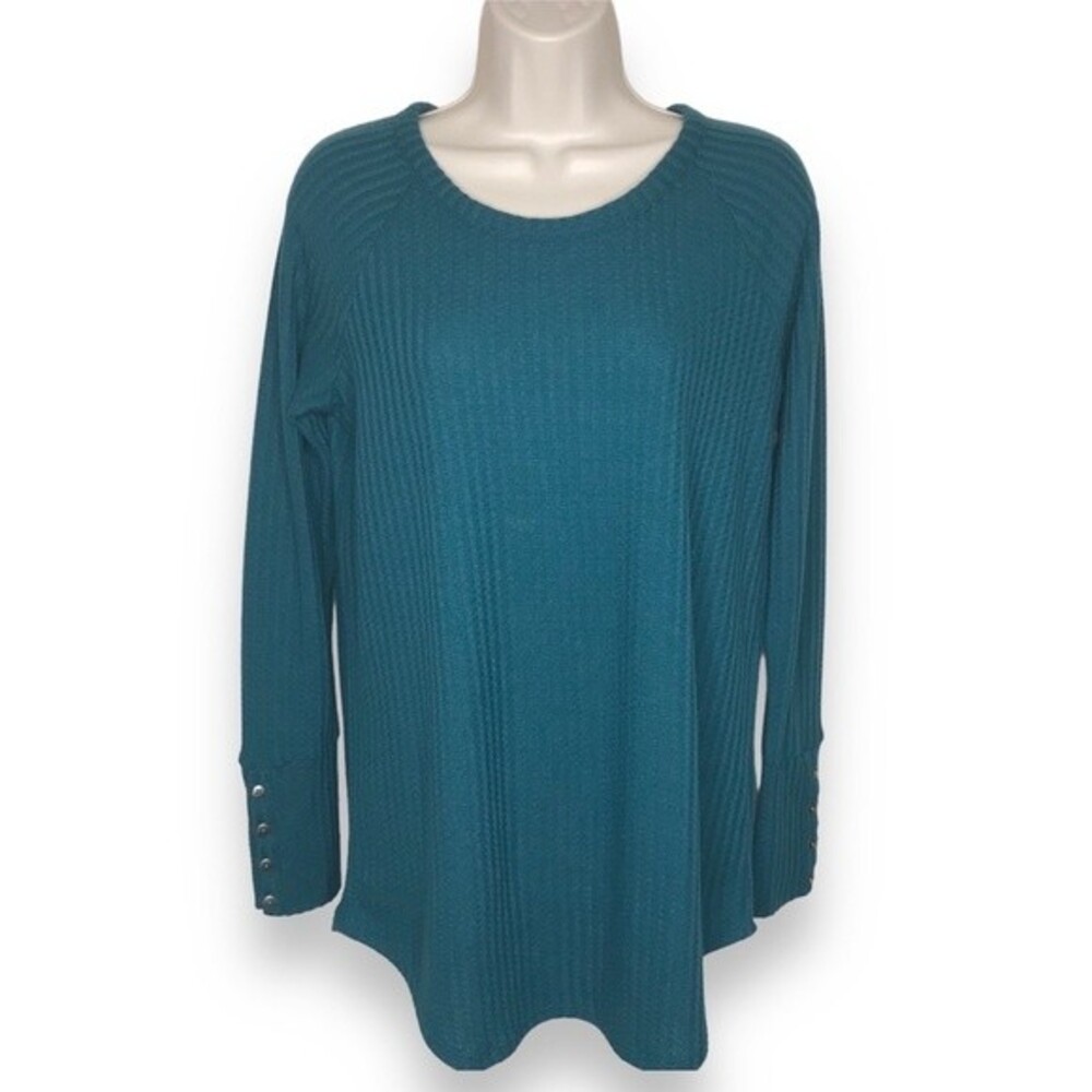 Chaser Waffle Knit Thermal Button Cuff Green Long Sleeve Round Neck Women Medium